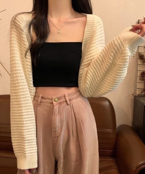Beststore（ベストストア）の「透かし編み パフスリーブ サマーニット ボレロ カーディガン 日焼け対策（カーディガン/ボレロ・レディース・アイボリー/ダークブラウン/ブラック/カーキ・FREE）」の15枚目の写真