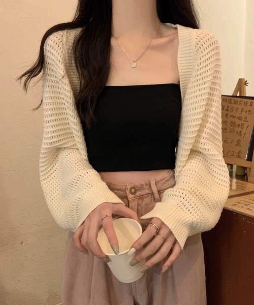 Beststore（ベストストア）の「透かし編み パフスリーブ サマーニット ボレロ カーディガン 日焼け対策（カーディガン/ボレロ・レディース・アイボリー/ダークブラウン/ブラック/カーキ・FREE）」の16枚目の写真