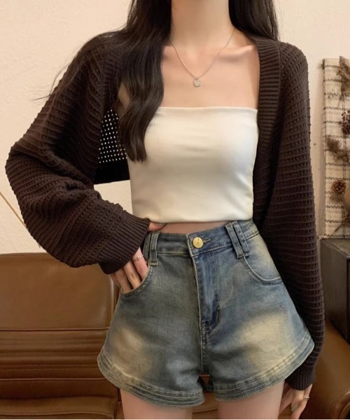 Beststore（ベストストア）の「透かし編み パフスリーブ サマーニット ボレロ カーディガン 日焼け対策（カーディガン/ボレロ・レディース・アイボリー/ダークブラウン/ブラック/カーキ・FREE）」の10枚目の写真