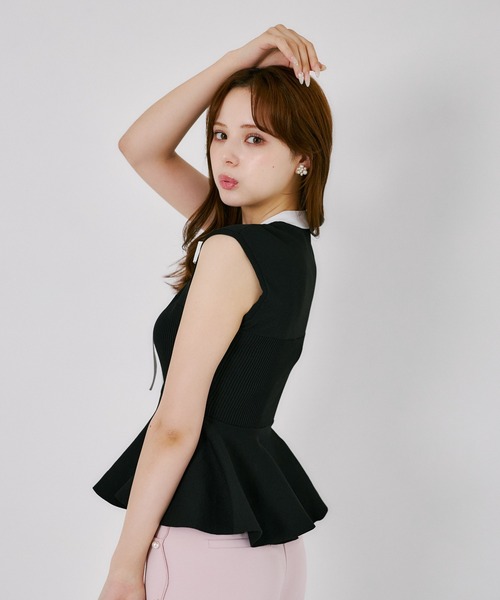 tocco closet(トッコ クローゼット)の「ボウタイリボン付き配色ペプラムニットプルオーバー(ニット/セーター・レディース・ブラック/ピンク系/オフホワイト・M)」の18枚目の写真