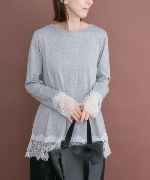 ITEMS URBANRESEARCH(アイテムズ アーバンリサーチ)の「レースコンビロングTシャツ(Tシャツ/カットソー・レディース・ホワイト/グレー・FREE)」の1枚目の写真