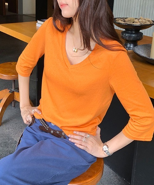 ONEP STAR(ワンピスター)の「Vネック七分袖ベーシックカットソー(Tシャツ/カットソー・レディース・ホワイト/ブラック/グレー/オレンジ・MEDIUM/LARGE/X-LARGE)」の7枚目の写真