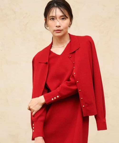 MK MICHEL KLEIN（エムケーミッシェルクラン）の「[洗える]衿付きニットカーディガン（カーディガン/ボレロ・レディース・レッド/グレー・38）」の3枚目の写真