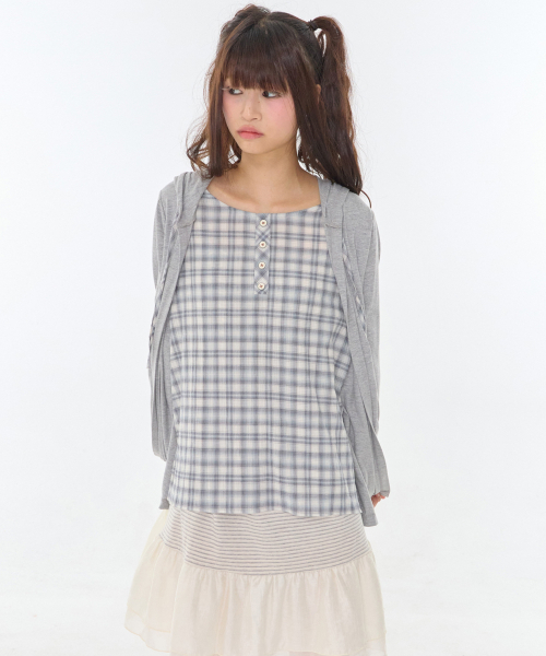 EXPIRED GIRL(エクスパイアードガール)の「コージー チェック レイヤード トップ メランジグレー(Tシャツ/カットソー・レディース・その他・FREE)」の1枚目の写真