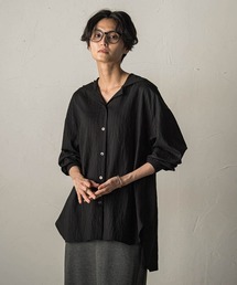 ストライプドッキング袖リブフーディーシャツ