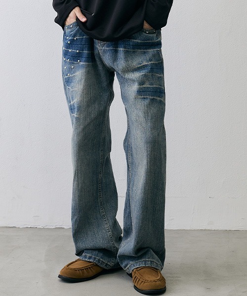 Shoowtime(ショウタイム)の「Studded Vintage Faded Loose Straight Denim / スタッズ ヴィンテージフェード ルーズストレートデニム(デニムパンツ・メンズ・ブルー/ブラック・MEDIUM/LARGE/SMALL/X-LARGE)」の10枚目の写真