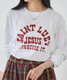 LAVEANGE（ラビアンジェ）の「カレッジロゴプリントロンT|綿100% ゆったり 大きいサイズ 長袖Tシャツ（Tシャツ/カットソー）」