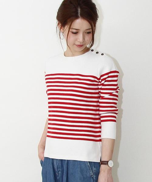 coen(コーエン)の「ミラノリブボーダーニット(ニット/セーター・レディース・レッド/ネイビー・LARGE/MEDIUM)」の1枚目の写真