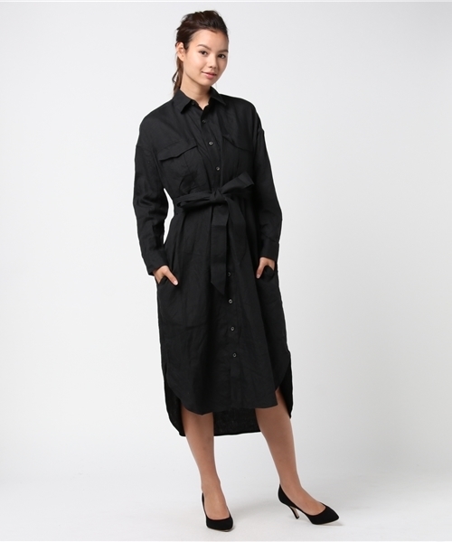 美品＊ドゥーズィエムクラス リネン ロングシャツワンピース 黒 ブラック 麻 リネン 黒 ロングシャツワンピース 美品＊ドゥーズィエムクラス リネン