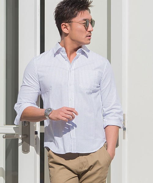 Vicci（ビッチ）の「『SILVER BULLET SELECT AP/シルバーバレットセレクト』7分袖綿麻シャツ（シャツ/ブラウス・メンズ・ネイビー/ロイヤルブルー/モスグリーン/ブルー/ターコイズブルー/カーキ/ブルー系その他/ブラック/ブルー系その他2/ライトピンク/ワインレッド/ライトイエロー/グレー/ホワイト/オレンジ/ホワイト系その他/ブルー系その他3/ベージュ系その他/ピンク系1・M/L）」の2枚目の写真