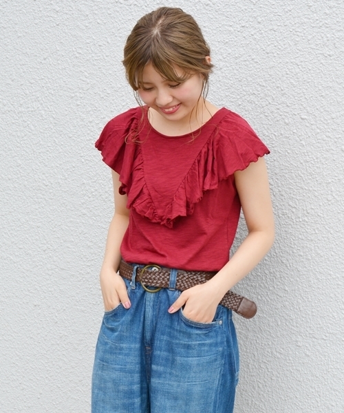 Khaju（カージュ）の「Khaju:フリルカット（Tシャツ/カットソー・レディース・ブラック/ナチュラル/レッド・ONE SIZE）」の3枚目の写真