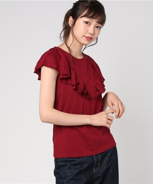 Khaju（カージュ）の「Khaju:フリルカット（Tシャツ/カットソー・レディース・ブラック/ナチュラル/レッド・ONE SIZE）」の11枚目の写真
