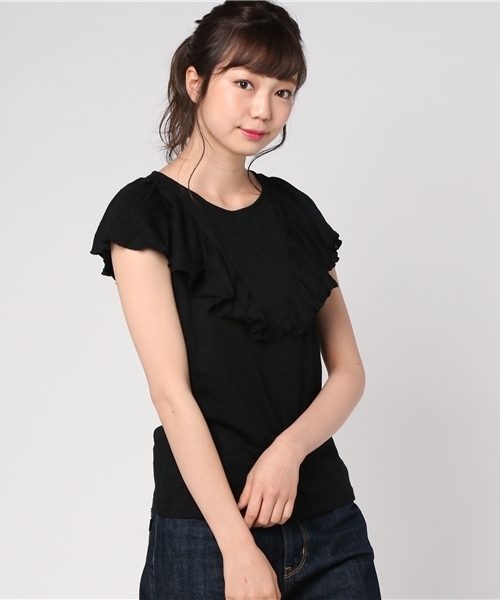 Khaju（カージュ）の「Khaju:フリルカット（Tシャツ/カットソー・レディース・ブラック/ナチュラル/レッド・ONE SIZE）」の2枚目の写真