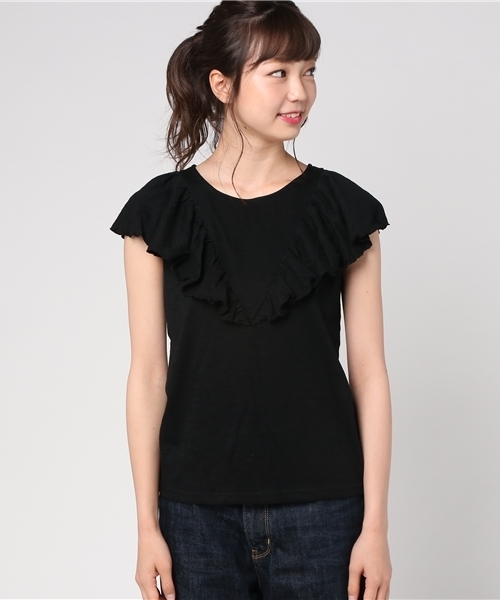 Khaju（カージュ）の「Khaju:フリルカット（Tシャツ/カットソー・レディース・ブラック/ナチュラル/レッド・ONE SIZE）」の4枚目の写真