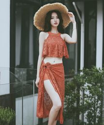 TeddyShop | レディース ハイネックレースフレアビキニ+パレオ 3点セット(水着)