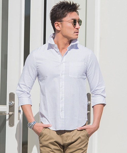 SILVER BULLET(シルバーバレット)の「『CavariA/キャバリア』綿麻ホリゾンタルカラー7分袖シャツ(シャツ/ブラウス・メンズ・ブラック/ネイビー/オレンジ/ホワイト/モスグリーン/ターコイズブルー/グレー/ピンク/カーキ/ロイヤルブルー/ホワイト系その他/ブルー系その他/ベージュ系その他/ブルー系その他2・L/M/XL)」の3枚目の写真