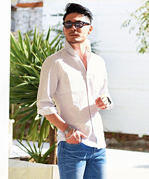 SILVER BULLET(シルバーバレット)の「『CavariA/キャバリア』綿麻ホリゾンタルカラー7分袖シャツ(シャツ/ブラウス・メンズ・ブラック/ネイビー/オレンジ/ホワイト/モスグリーン/ターコイズブルー/グレー/ピンク/カーキ/ロイヤルブルー/ホワイト系その他/ブルー系その他/ベージュ系その他/ブルー系その他2・L/M/XL)」の6枚目の写真