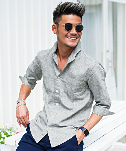 SILVER BULLET(シルバーバレット)の「『CavariA/キャバリア』綿麻ホリゾンタルカラー7分袖シャツ(シャツ/ブラウス・メンズ・ブラック/ネイビー/オレンジ/ホワイト/モスグリーン/ターコイズブルー/グレー/ピンク/カーキ/ロイヤルブルー/ホワイト系その他/ブルー系その他/ベージュ系その他/ブルー系その他2・L/M/XL)」の5枚目の写真