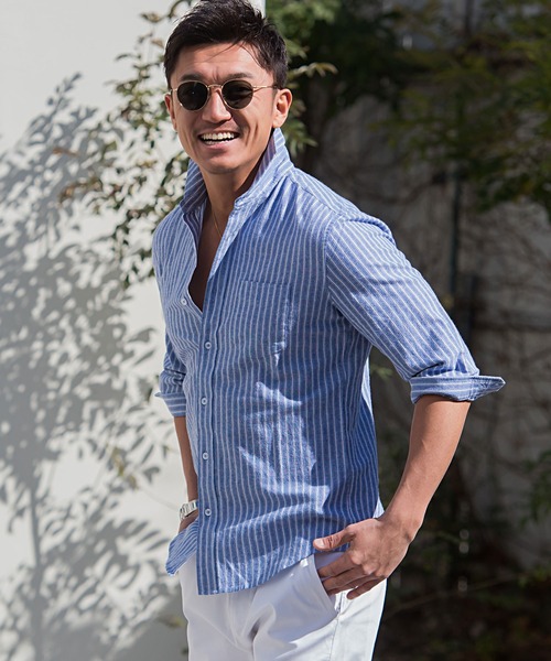 SILVER BULLET(シルバーバレット)の「『CavariA/キャバリア』綿麻ホリゾンタルカラー7分袖シャツ(シャツ/ブラウス・メンズ・ブラック/ネイビー/オレンジ/ホワイト/モスグリーン/ターコイズブルー/グレー/ピンク/カーキ/ロイヤルブルー/ホワイト系その他/ブルー系その他/ベージュ系その他/ブルー系その他2・L/M/XL)」の12枚目の写真