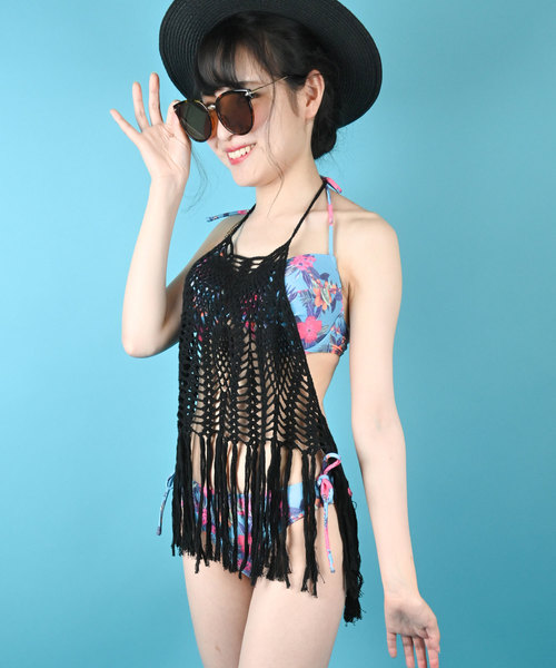 セール ビーチで映える花柄ビキニ水着とクロシェフリンジホルターキャミの3点セット 水着 Lead リード のファッション通販 Zozotown