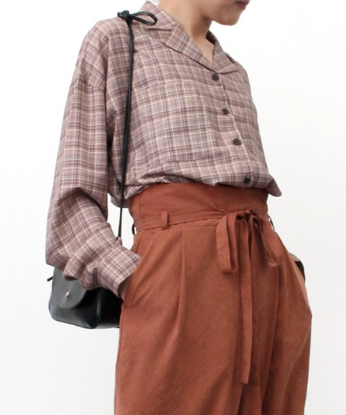 STYLEBLOCK（スタイルブロック）の「チェックプリントオープンカラー開襟チェックシャツ（シャツ/ブラウス・レディース・ベージュ/ブラウン/グレー・M）」の6枚目の写真