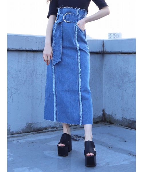 EMODA(エモダ)の「スウィッチングラインロングハイウエストスカート(デニムスカート・レディース・ホワイト/ブラック/インディゴブルー/ブルー・SMALL/MEDIUM)」の1枚目の写真