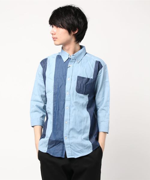 JUNRED(ジュンレッド)の「デニムクレイジー7分袖シャツ(シャツ/ブラウス・メンズ・ブルー/サックスブルー・LL/L/M)」の1枚目の写真