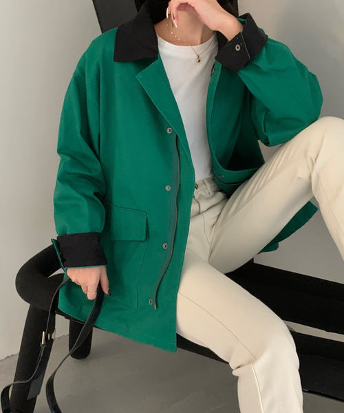 emi+（エミプラス）の「レディース 異素材ドッキング 配色ミリタリージャケット（ミリタリージャケット・レディース・グリーン/グレー/ブラウン/ブラック/ネイビー/ライトグリーン・FREE）」の17枚目の写真