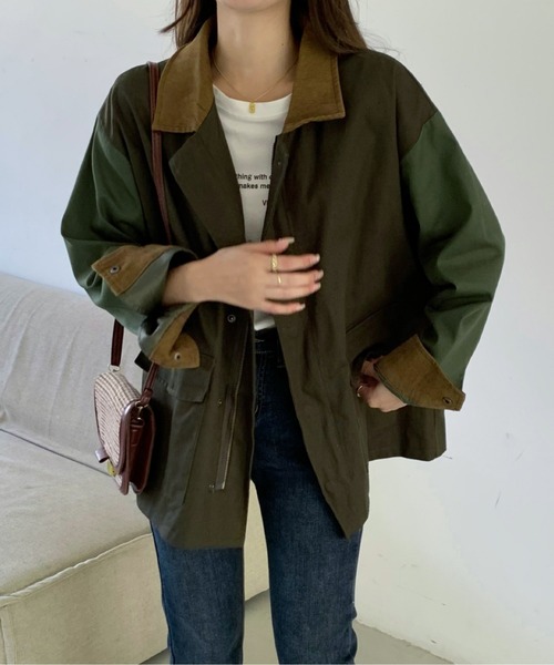 emi+（エミプラス）の「レディース 異素材ドッキング 配色ミリタリージャケット（ミリタリージャケット・レディース・グリーン/グレー/ブラウン/ブラック/ネイビー/ライトグリーン・FREE）」の12枚目の写真