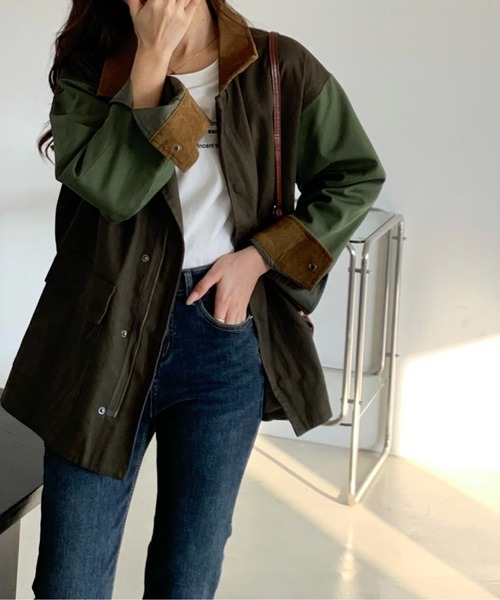 emi+（エミプラス）の「レディース 異素材ドッキング 配色ミリタリージャケット（ミリタリージャケット・レディース・グリーン/グレー/ブラウン/ブラック/ネイビー/ライトグリーン・FREE）」の8枚目の写真