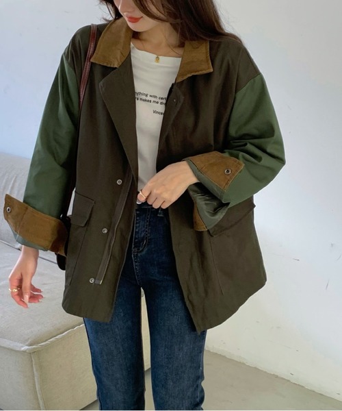 emi+（エミプラス）の「レディース 異素材ドッキング 配色ミリタリージャケット（ミリタリージャケット・レディース・グリーン/グレー/ブラウン/ブラック/ネイビー/ライトグリーン・FREE）」の7枚目の写真