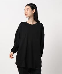 コットン100%裾ラウンドロング丈長袖綿カットソートップス