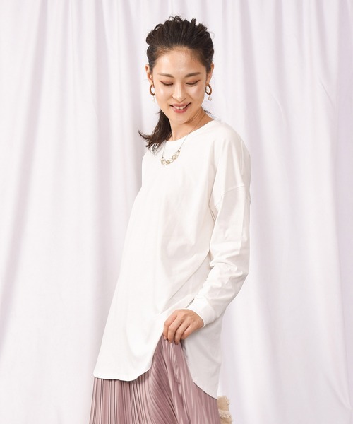 LEAD(リード)の「コットン100%裾ラウンドロング丈長袖綿カットソートップス(Tシャツ/カットソー・レディース・その他/ピンク系その他/チャコールグレー/オフホワイト/オリーブ/ライトアッシュグレー/ブラック・FREE)」の2枚目の写真