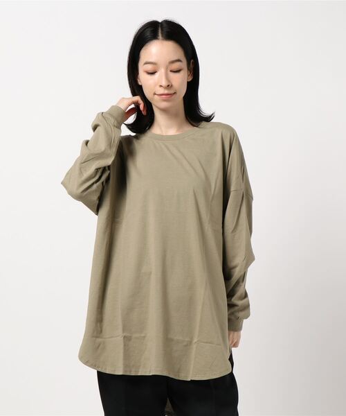 LEAD(リード)の「コットン100%裾ラウンドロング丈長袖綿カットソートップス(Tシャツ/カットソー・レディース・その他/ピンク系その他/チャコールグレー/オフホワイト/オリーブ/ライトアッシュグレー/ブラック・FREE)」の16枚目の写真