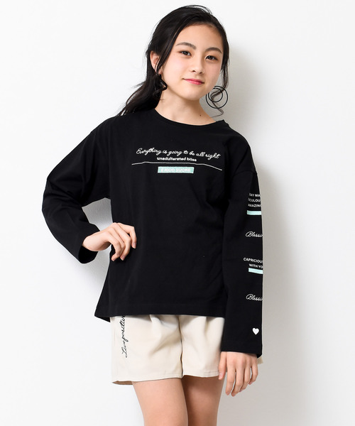 RiCO SUCRE(リコシュクレ)の「袖プリントロングTシャツ(Tシャツ/カットソー・キッズ・ライトブルー/ラベンダー/ブラック/オフホワイト/ブラック系2/ピンク/ブラック系/ホワイト系/ホワイト系2/サックスブルー・130/160/140/150/165)」の1枚目の写真