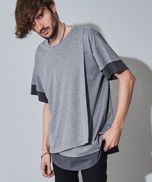 NO ID.（ノーアイディ）の「mt7149- ｽﾘｰﾚｲﾔｰﾄﾞC-N-Tｼｬﾂ（Tシャツ/カットソー・メンズ・ホワイト/ブラック/グレー・1/2）」の3枚目の写真
