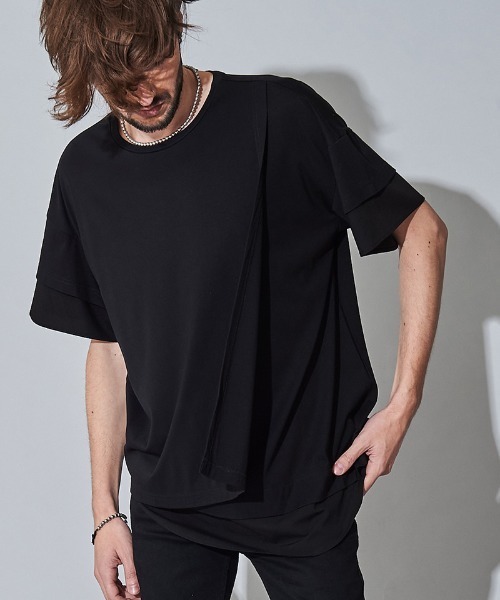 NO ID.（ノーアイディ）の「mt7149- ｽﾘｰﾚｲﾔｰﾄﾞC-N-Tｼｬﾂ（Tシャツ/カットソー・メンズ・ホワイト/ブラック/グレー・1/2）」の2枚目の写真
