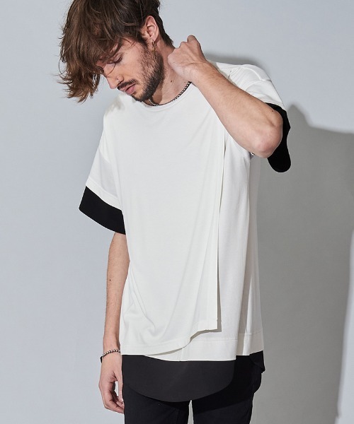 NO ID.（ノーアイディ）の「mt7149- ｽﾘｰﾚｲﾔｰﾄﾞC-N-Tｼｬﾂ（Tシャツ/カットソー・メンズ・ホワイト/ブラック/グレー・1/2）」の11枚目の写真