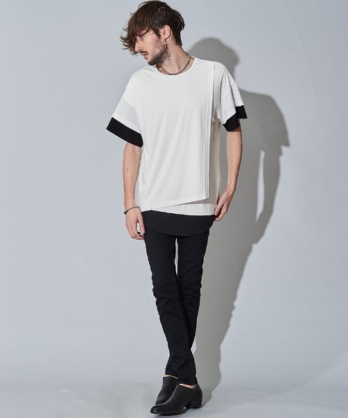 NO ID.（ノーアイディ）の「mt7149- ｽﾘｰﾚｲﾔｰﾄﾞC-N-Tｼｬﾂ（Tシャツ/カットソー・メンズ・ホワイト/ブラック/グレー・1/2）」の5枚目の写真