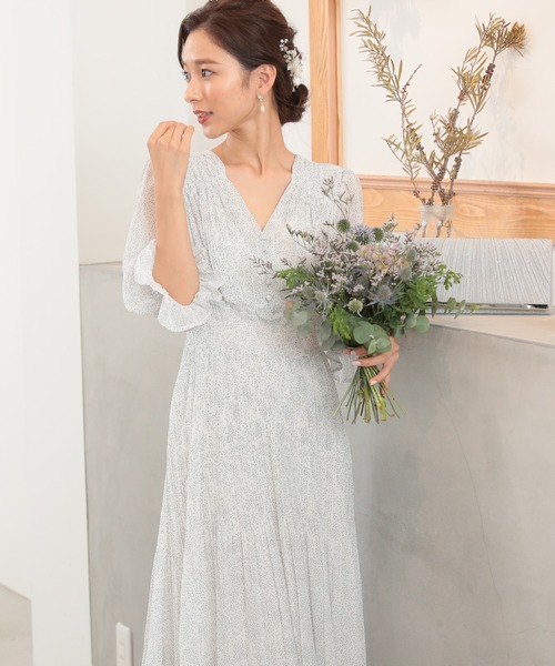 ドット柄 Vネック フリル ワンピース ドレス ロング ドット柄 Vネック ロング丈 ワンピースドレス(ドレス)|Kana