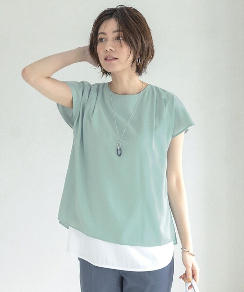 J.PRESS(ジェイプレス)の「【洗える】レイヤード ツインセット(Tシャツ/カットソー・レディース・ベージュ系/ピンク系/スモーキーグリーン系・T15/T13)」の3枚目の写真