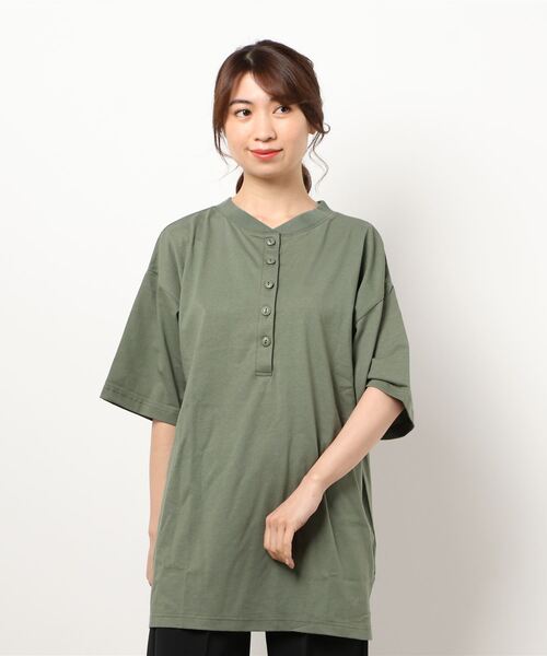 ehka sopo（エヘカソポ）の「ヘンリーネック前後着Tシャツ（Tシャツ/カットソー・レディース・キナリ/グリーン/ブラウン・ﾌﾘ-）」の3枚目の写真