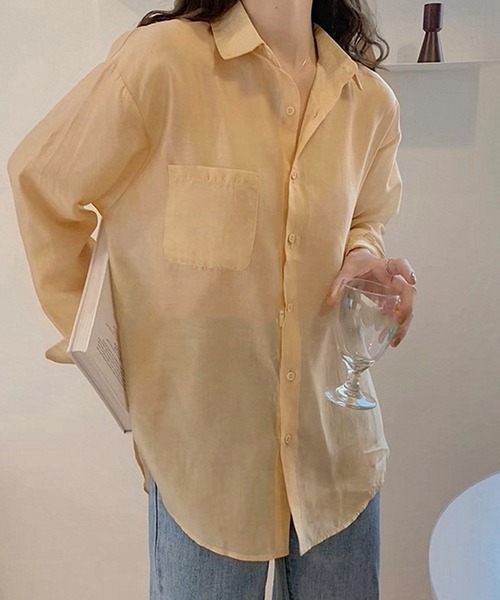 lakkanoir(ラッカノア)の「透け感シアーカラーブラウス(シャツ/ブラウス・レディース・ホワイト/ベージュ/ピンク/イエロー/グリーン・S/M/L/XL)」の4枚目の写真