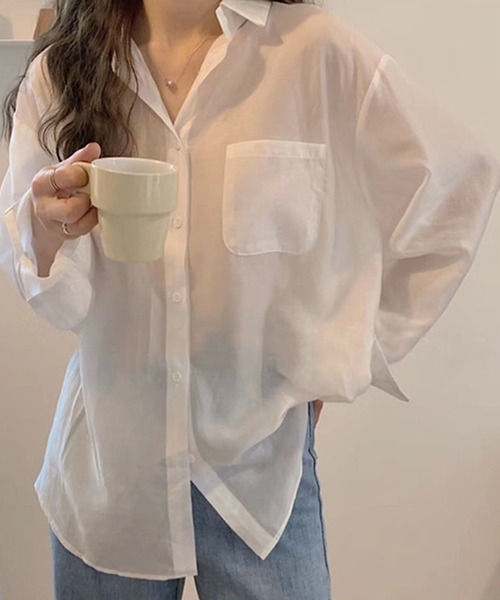 lakkanoir(ラッカノア)の「透け感シアーカラーブラウス(シャツ/ブラウス・レディース・ホワイト/ベージュ/ピンク/イエロー/グリーン・S/M/L/XL)」の6枚目の写真