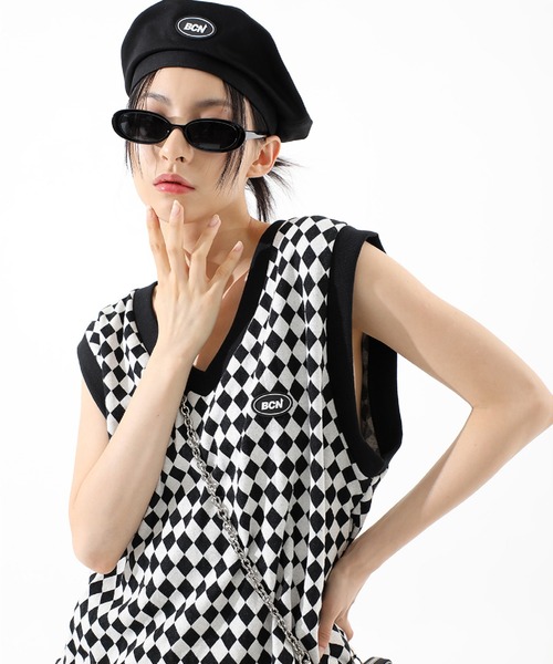 BASIC COTTON(ベーシックコットン)の「【BASIC COTTON】BCN CHECK VEST(ベスト・メンズ・ブラック×ホワイト・ONE SIZE)」の1枚目の写真