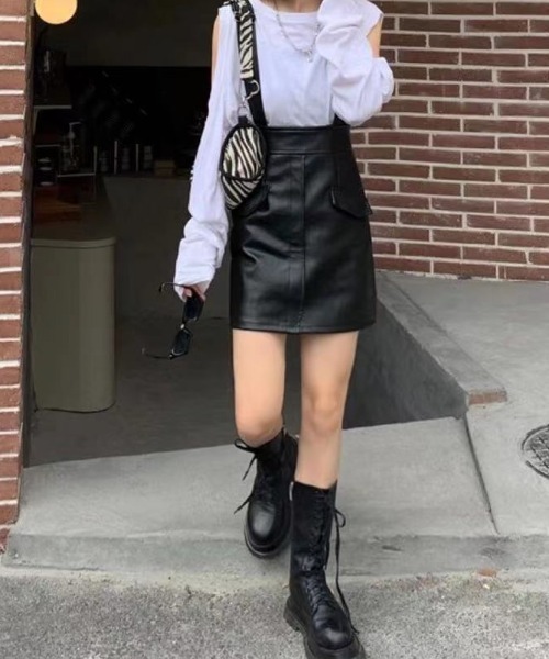 MANGROVE（マングローブ）の「ハッキングポケットレザーサスペンダースカート（スカート・レディース・ブラック/アイボリー・MEDIUM/LARGE）」の3枚目の写真