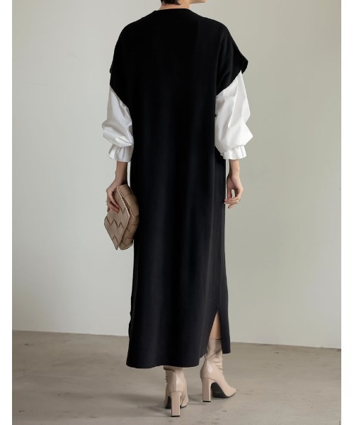 Re:EDIT（リエディ）の「[新色追加][低身長サイズ有][2点セット]ブロードシャツ×ドロップショルダーロングニットワンピース（ワンピース・レディース・ブラック/ブラウン/チャコールグレー・MEDIUM/LARGE/SHORT）」の4枚目の写真