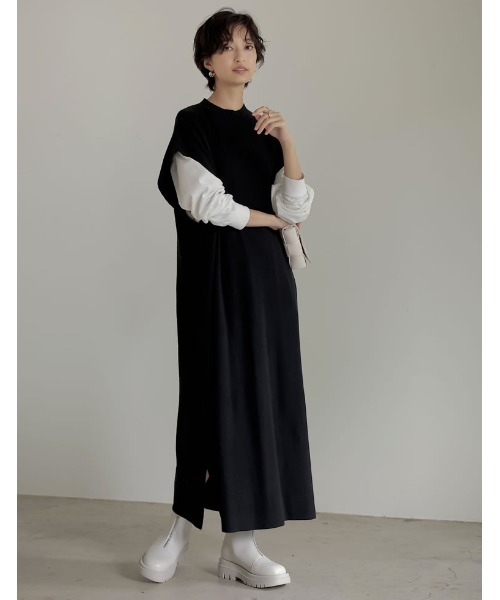 Re:EDIT（リエディ）の「[新色追加][低身長サイズ有][2点セット]ブロードシャツ×ドロップショルダーロングニットワンピース（ワンピース・レディース・ブラック/ブラウン/チャコールグレー・MEDIUM/LARGE/SHORT）」の10枚目の写真