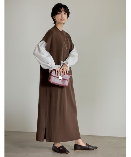 Re:EDIT（リエディ）の「[新色追加][低身長サイズ有][2点セット]ブロードシャツ×ドロップショルダーロングニットワンピース（ワンピース・レディース・ブラック/ブラウン/チャコールグレー・MEDIUM/LARGE/SHORT）」の11枚目の写真