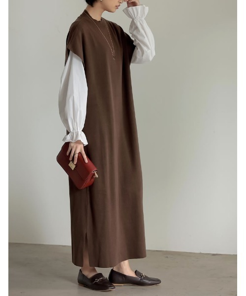 Re:EDIT（リエディ）の「[新色追加][低身長サイズ有][2点セット]ブロードシャツ×ドロップショルダーロングニットワンピース（ワンピース・レディース・ブラック/ブラウン/チャコールグレー・MEDIUM/LARGE/SHORT）」の18枚目の写真